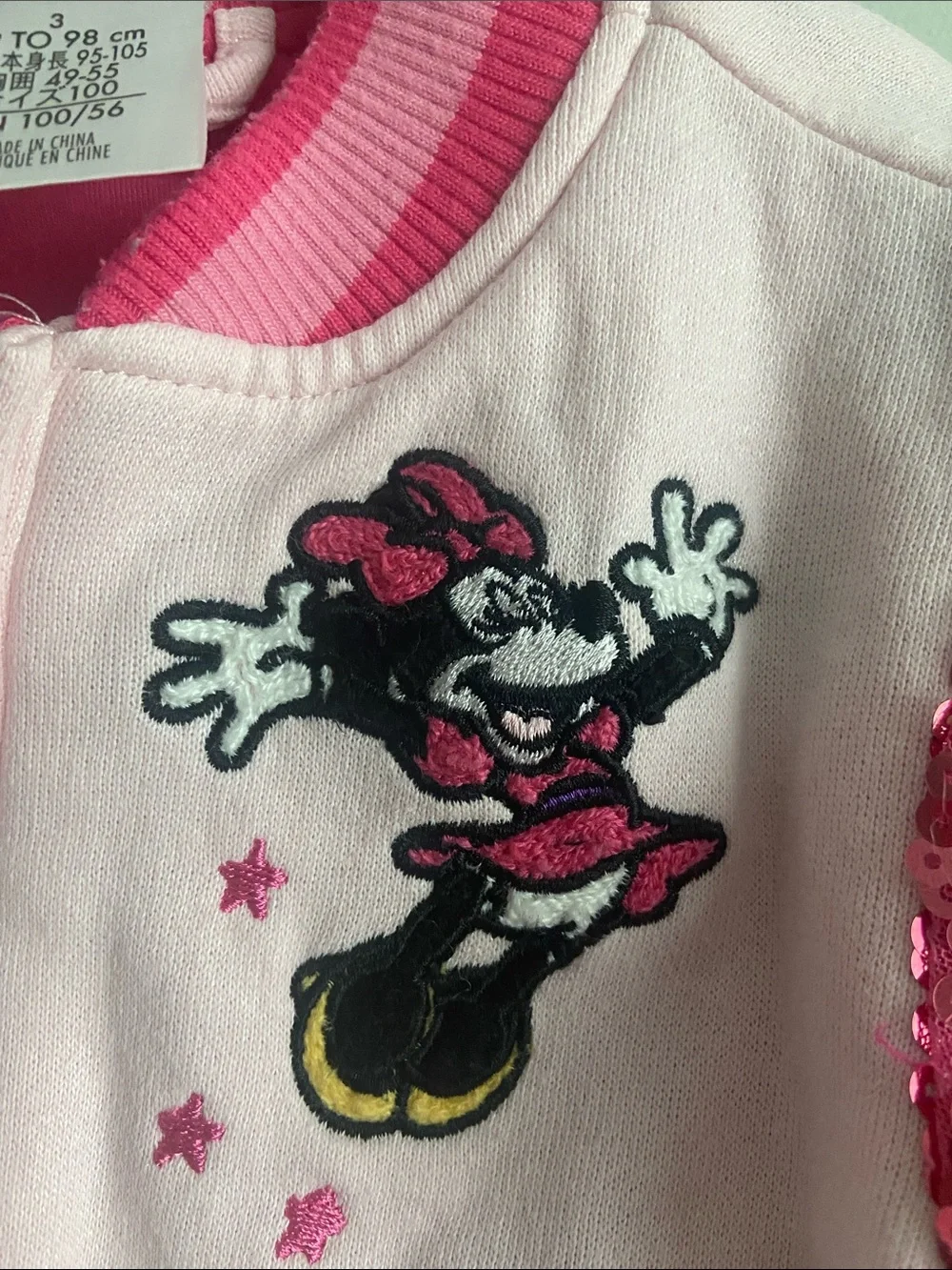 Disney Store Minnie Mouse Pink Sequin Sleeve Bomber Jacket size 3 little girl